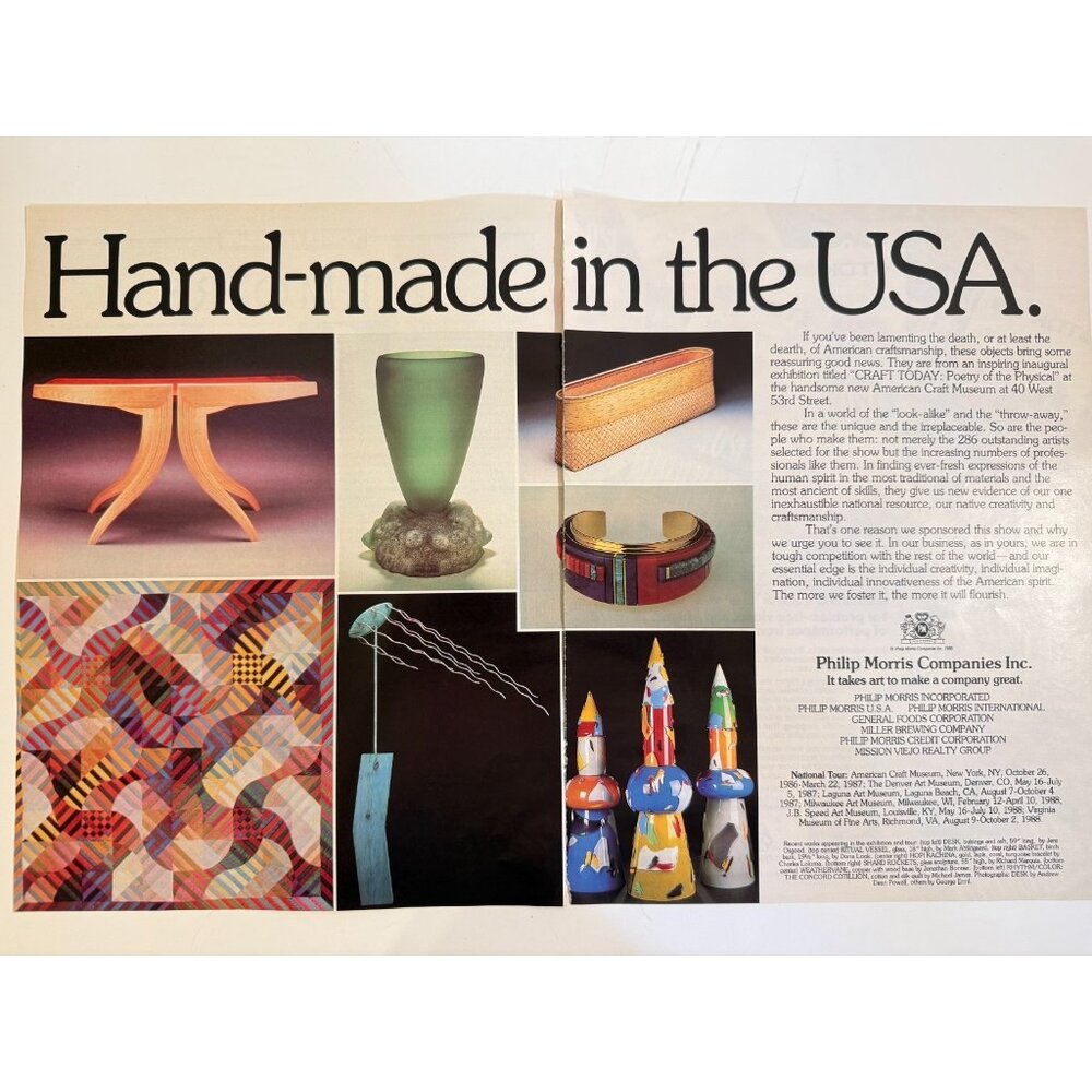 Vintage 1986 Philip Morris Company American Craft Museum 2 Page Cut Print Ad
